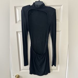 Back out, black dress, long sleeve, mock turtleneck